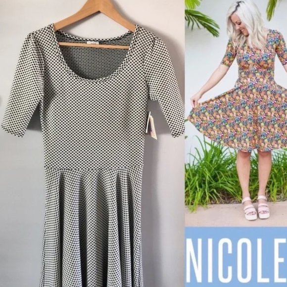 Lularoe Nicole Dress Black & White Textured Spot Print 3/4 Sleeve SZ Large - Picture 11 of 16